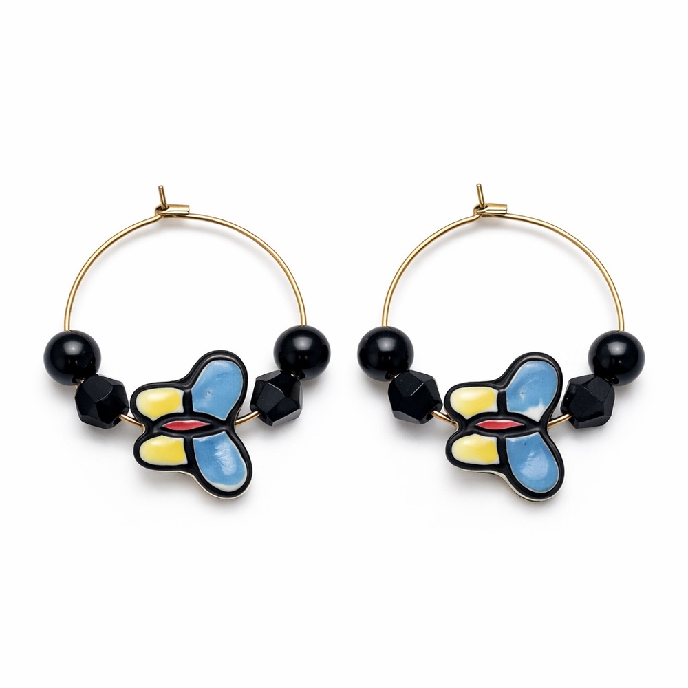 Gold Hoop Earrings with Blue & Yellow Flower Accents